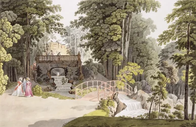 Utsikt over kaskaden ved Erlaw, Wien, fra «Pleasure Gardens in and around Vienna», gravert av Johann Ziegler (ca. 1750-c. 1812), ca. 1790
